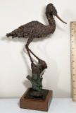 Bucha Hand Crafted Metal Crane on Perch on Wood Base