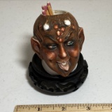 Vintage Porcelain Devil’s Head Match Dish with Built-in Striker on Back on Carved Wood Base