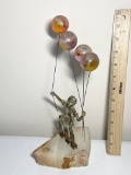 Brass Boy Holding Balloons Figurine with Geode Rock Base