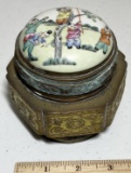 Ornately Decorated Brass Trinket Box with Hand Painted Oriental Scene on Porcelain Top