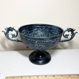Pretty Metal Double Handled Pedestal Bowl with Floral Design Made in India