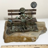 Vintage Brass Art on Large Stone - Boy Sitting on Bench with Balloon & Bird