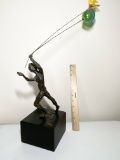 Awesome Tall Brass Boy Holding Balloons Sculpture on Wood Block with Signature Plate