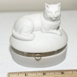White Porcelain Bisque Hinged Cat Trinket Box