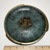 Heavy Brass Deer Dish with Green Enamel Lining Made in Israel