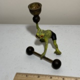 Painted Brass Weight Lifting Frog Candle Holder Figurine