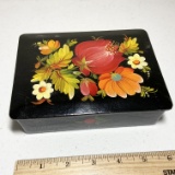 Beautiful Floral Black Lacquer Trinket Box Made in USSR