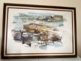 Large Unsigned Original Painting of Dockyard in Wooden Frame