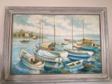 Large Original Boat Scene Painting Signed “R. Campbell” in Wooden Frame