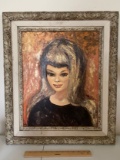 Original Painting of woman in Ornately Carved Wooden Frame Signed “Judy”