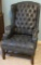Vintage Blue Tufted Tall Wingback Chair with Brass Brad Accent