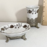 Pretty Footed Silver Tone Soap Dish & Tumbler