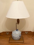 Unique Wood Base Lamp with Lidded Blue & White Porcelain Jar