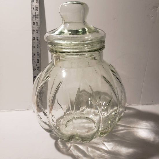 Large Pumpkin Shape Glass Apothecary or Cookie Jar with Bubble Lid