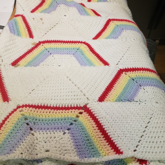 Vintage Handmade Afghan with Rainbow Pattern, Scalloped Edges