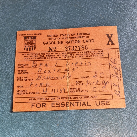 1942 Gasoline Ration Card