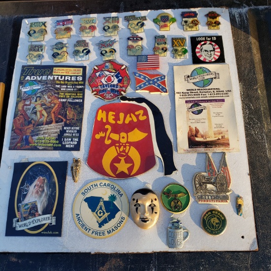 Board Full of Pins and Masonic Memorabilia