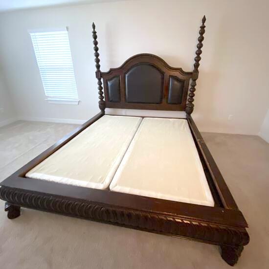 Beautiful Heavy Wood King Size Bed with Leather & Wood Headboard & Decorative Brass Brads