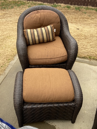 Heavy Brown Wicker Chair with Ottoman & Cushions