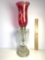 Vintage Glass Base Candle Lamp w/ Prisms & Etched Cranberry Glass Shade