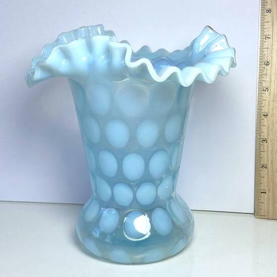 Early Fenton Opalescent Glass Coin Dot Vase with Ruffled Rim
