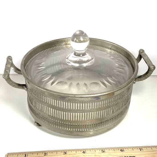 Vintage Round Lidded Etched Clear Glass Dish with Silver Plated Double Handled Caddy