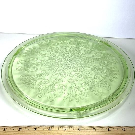 Beautiful Vintage Vaseline Glass Footed Cake Plate with Embossed Design