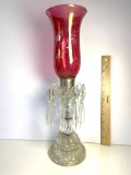 Vintage Glass Base Candle Lamp w/ Prisms & Etched Cranberry Glass Shade