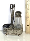 Vintage Sterling Silver Salt & Pepper Caddy with Glass Bottle & Silver Cap