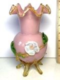 Gorgeous Vintage Hand-blown Art Glass Vase w/ Applied Floral Design & Base w/ Gilt Ruffled Rim