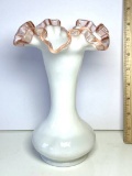 Beautiful Vintage Milk Glass Cased Vase w/ Pink Ruffled Rim