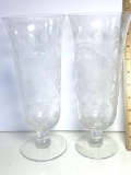 Pair Vintage of Etched Glass Pedestal Vases