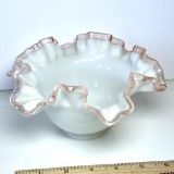 Vintage Milk Glass Bowl with Ruffled Pink Edge