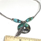 Vintage Silver Tone Necklace with Turquoise Colored Beads & Feather Pendant