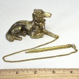 Vintage Brass Russian Wolf Hound Dog Figurine with Mechanical Pencil on Chain Made in Japan