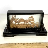 Vintage Black Lacquer Oriental Carved Cork Art