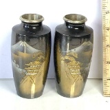 Pair of Etched Metal Oriental Bud Vases