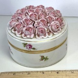 Beautiful Vintage Lidded Powder Dish w/Applied Roses on Lid - Marked Germany