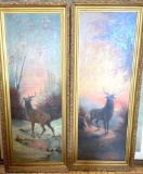 Pair of Antique Original Paintings of Deer in Ornate Gilt Frames