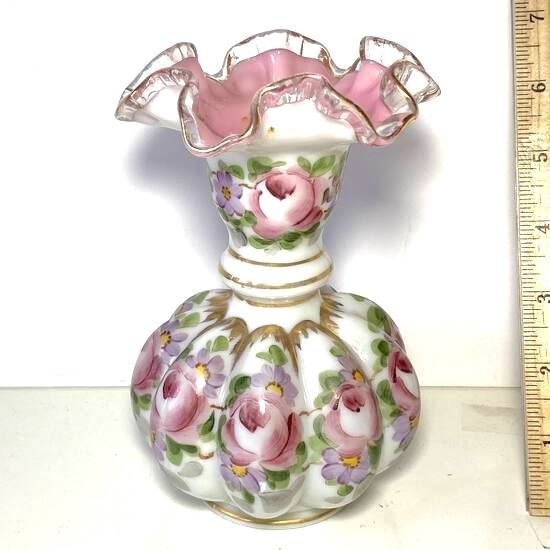 Vintage Silver Crest Cased Glass Vase w/ Ruffled Edge, Pink Interior & Hand Painted Floral Design