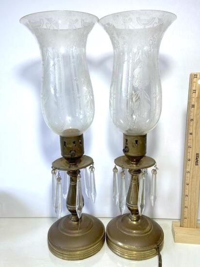 Pair of Brass Tone Antique Candle Lamps with Hanging Crystals