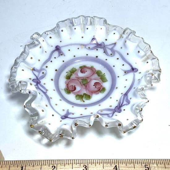 Vintage Fenton Charleton Silver Crest Hand Decorated Glass Floral Dish with Ruffled Edge