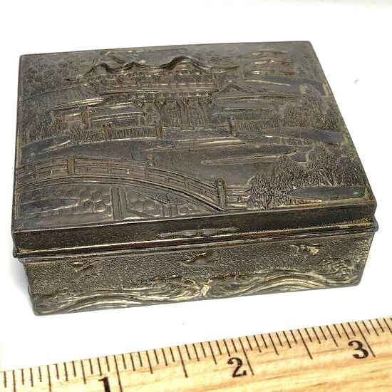 Vintage Embossed Metal Hinged Trinket Box with Wooden Interior