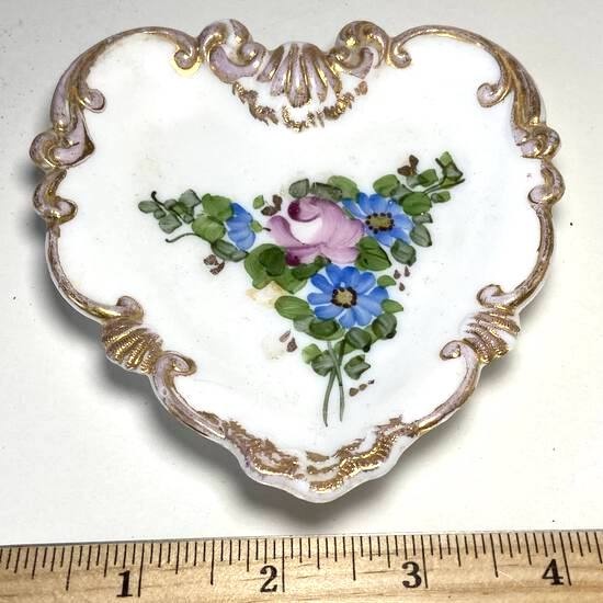 Vintage Floral Heart Shaped Milk Glass Dish with Gilt Edge