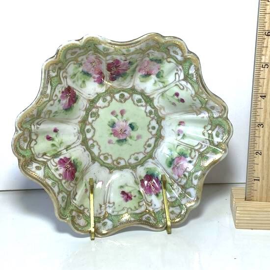 Beautiful Vintage Hand Painted Nippon Ruffled Bowl with Floral & Gilt Design on Brass Stand