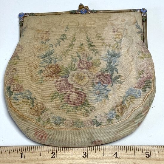 Antique Small Tapestry Purse with Enamel Floral Embellishments