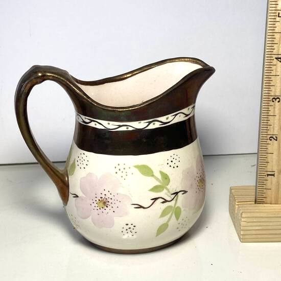Nice Italian Floral Creamer with Copper Tone Edge Numbered on Bottom