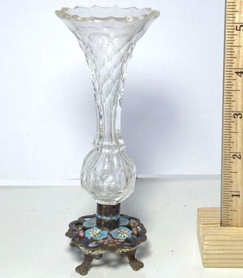 Unique Vintage Glass Bud Vase with Brass & Enamel Base