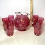 7 pc Vintage Cranberry Overlay Etched Glass Lemonade Pitcher with Tumblers