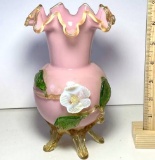 Beautiful Vintage Pink Floral Art Glass Vase with Ruffled Edge